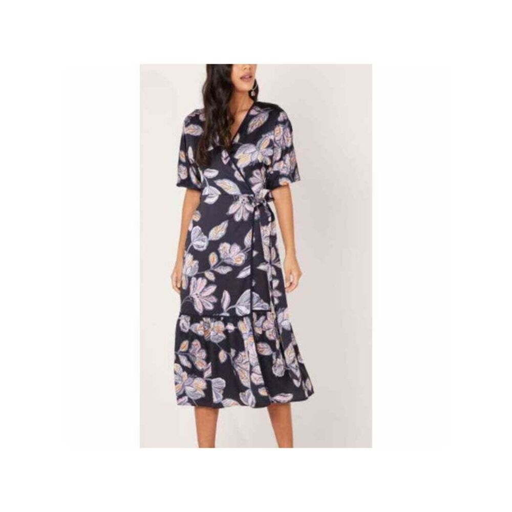 FOXIEDOX Womens Navy Tie Elbow Sleeve Surplice Neckline Midi Party Wrap Dress M